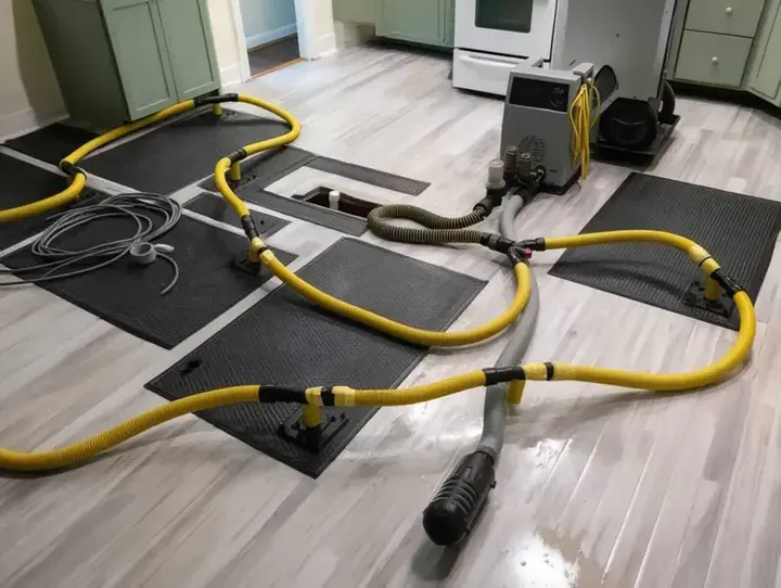 Drying mats pulling water out of a wood floor in Beaverton