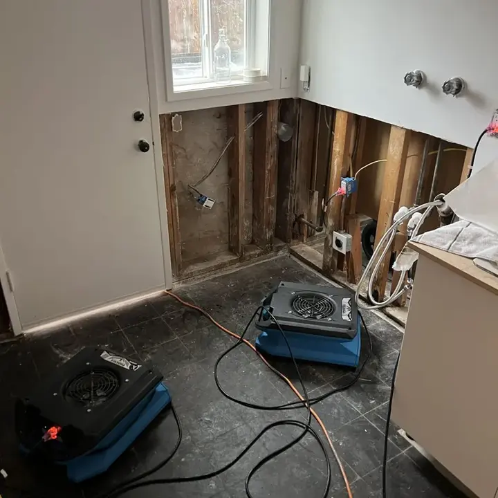Flood cut and air mover drying the wall cavity in a Beaverton laundry room