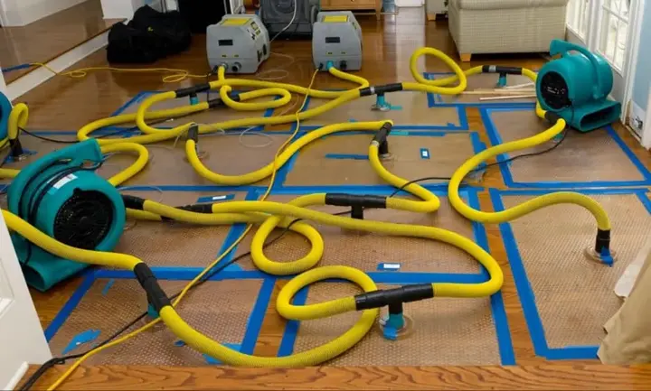Floor drying system and air movers on a hardwood floor in Beaverton
