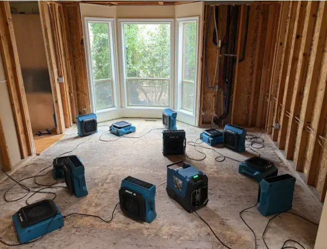 Air movers and dehumidifiers drying an opened-up Beaverton room