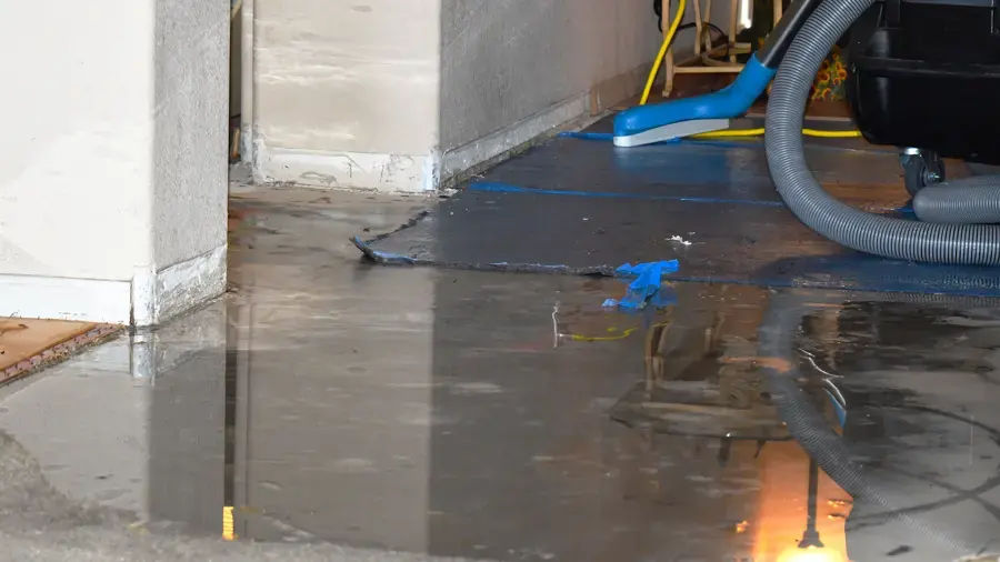 Extraction hose pulling standing water off a Beaverton floor